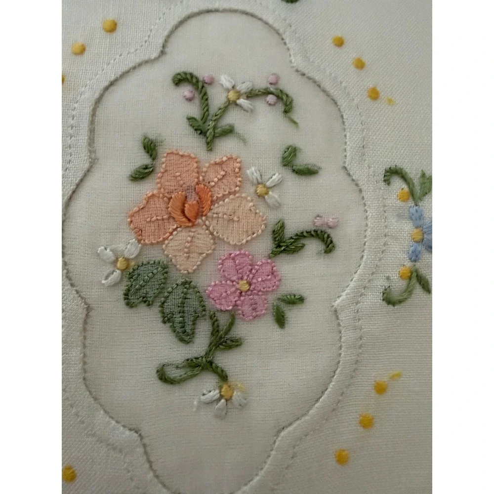 Handmade in Venice NOS Napkins/Hand Towels White Linen Floral Embroidered Set 4